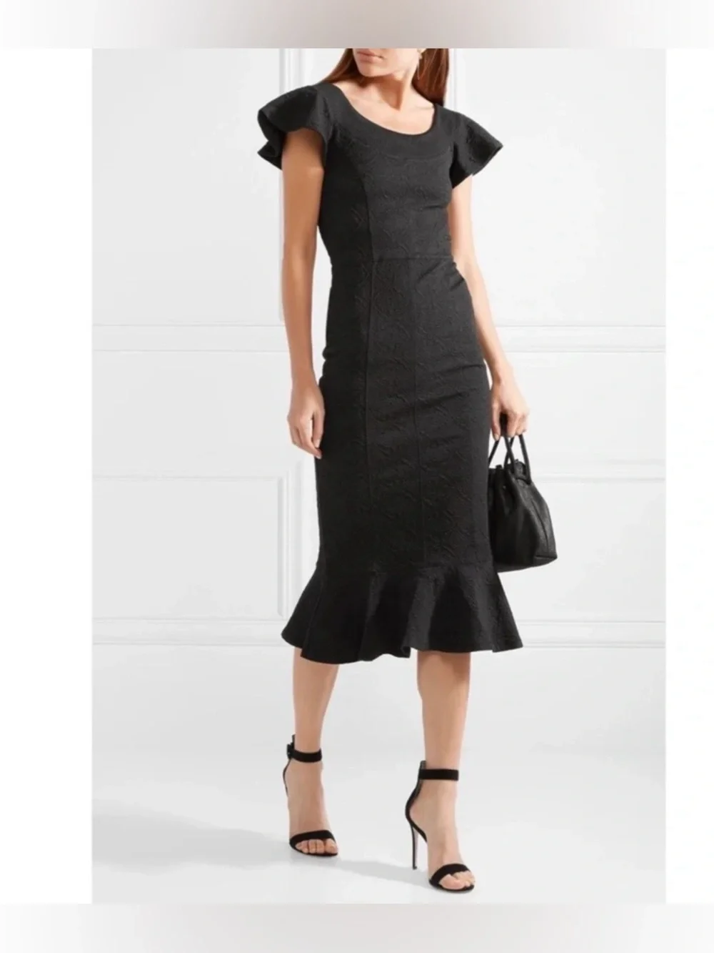 Opening Ceremony Black Jacquard Midi Dress XS Sculpted Ruffle Hem Cocktail Dress